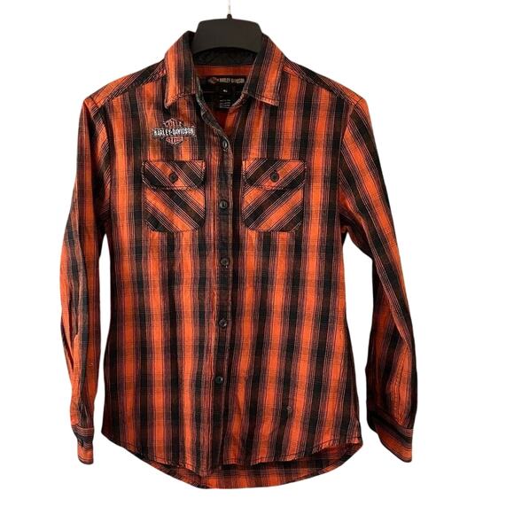 Harley Davidson Orange Black Plaid Long Sleeve Double Sided Graphic Button Down - Picture 1 of 6